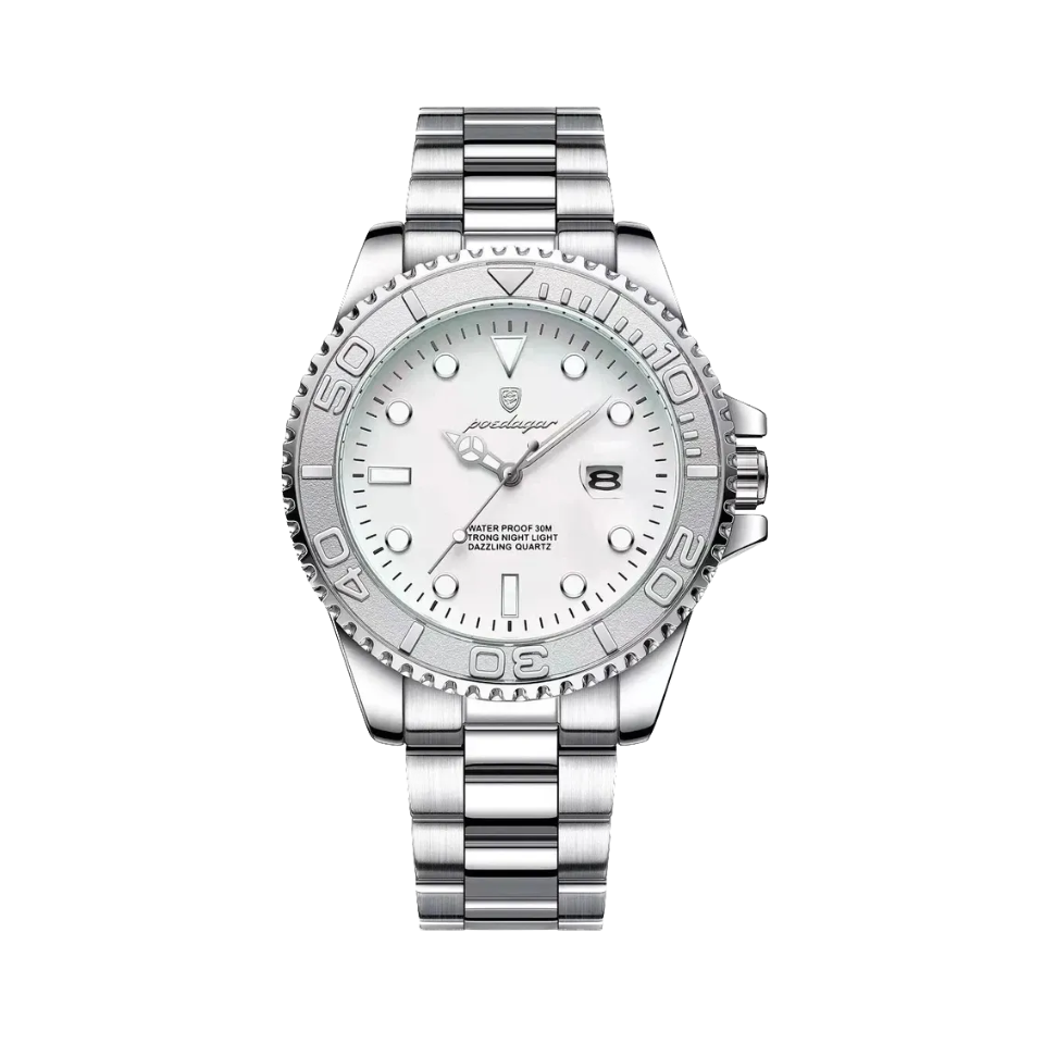 POEDAGAR 680S-2 quartz watch with white dial and silver bracelet, front view