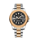 POEDAGAR 680S-2 quartz watch with black dial and two-tone rose gold bracelet, front view