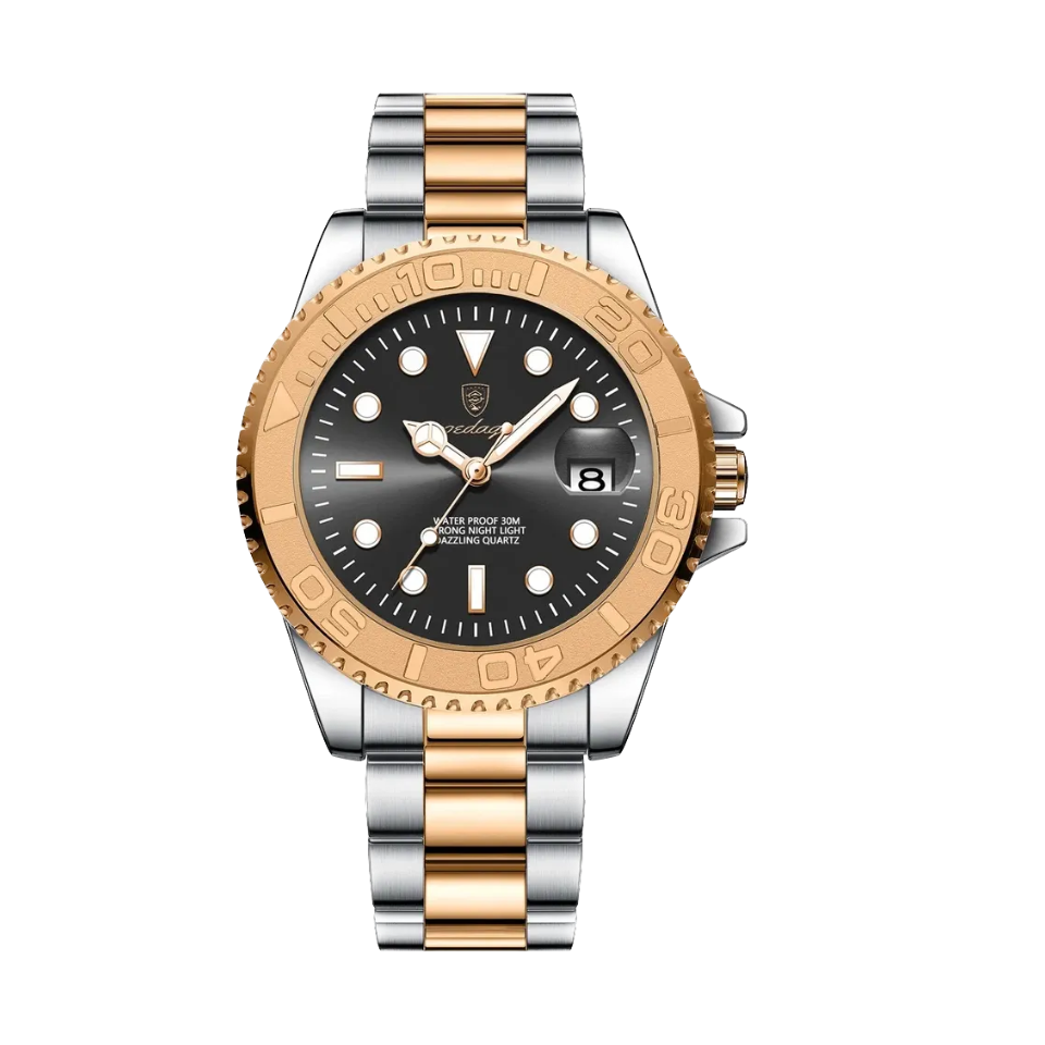 POEDAGAR 680S-2 quartz watch with black dial and two-tone rose gold bracelet, front view