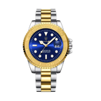 POEDAGAR 680S-2 quartz watch with blue dial and two-tone gold bracelet, front view