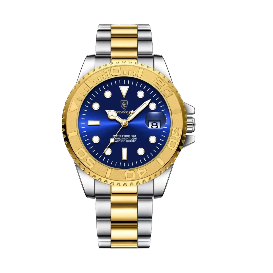 POEDAGAR 680S-2 quartz watch with blue dial and two-tone gold bracelet, front view