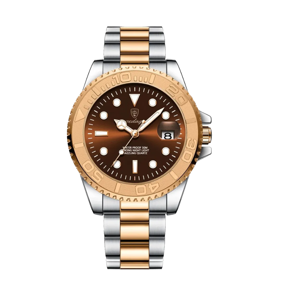 POEDAGAR 680S-2 quartz watch with brown dial and two-tone rose gold bracelet, front view