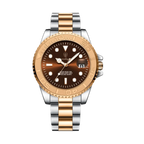 POEDAGAR 680S-2 quartz watch with brown dial and two-tone rose gold bracelet, front view
