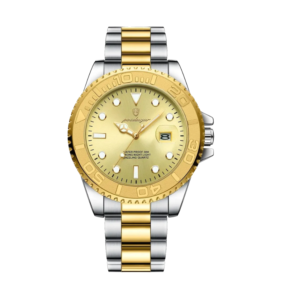 POEDAGAR 680S-2 quartz watch with gold dial and two-tone gold bracelet, front view