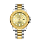 POEDAGAR 680S-2 quartz watch with gold dial and two-tone gold bracelet, front view