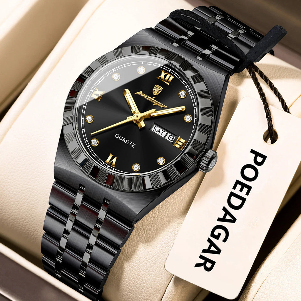POEDAGAR 794 31MM women's quartz watch with black dial and black bracelet, front view