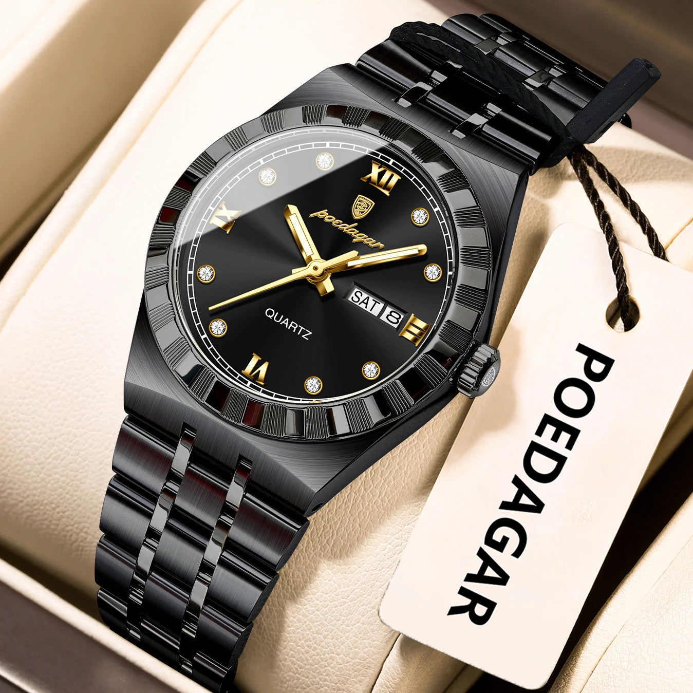 POEDAGAR 794 31MM women's quartz watch with black dial and black bracelet, front view