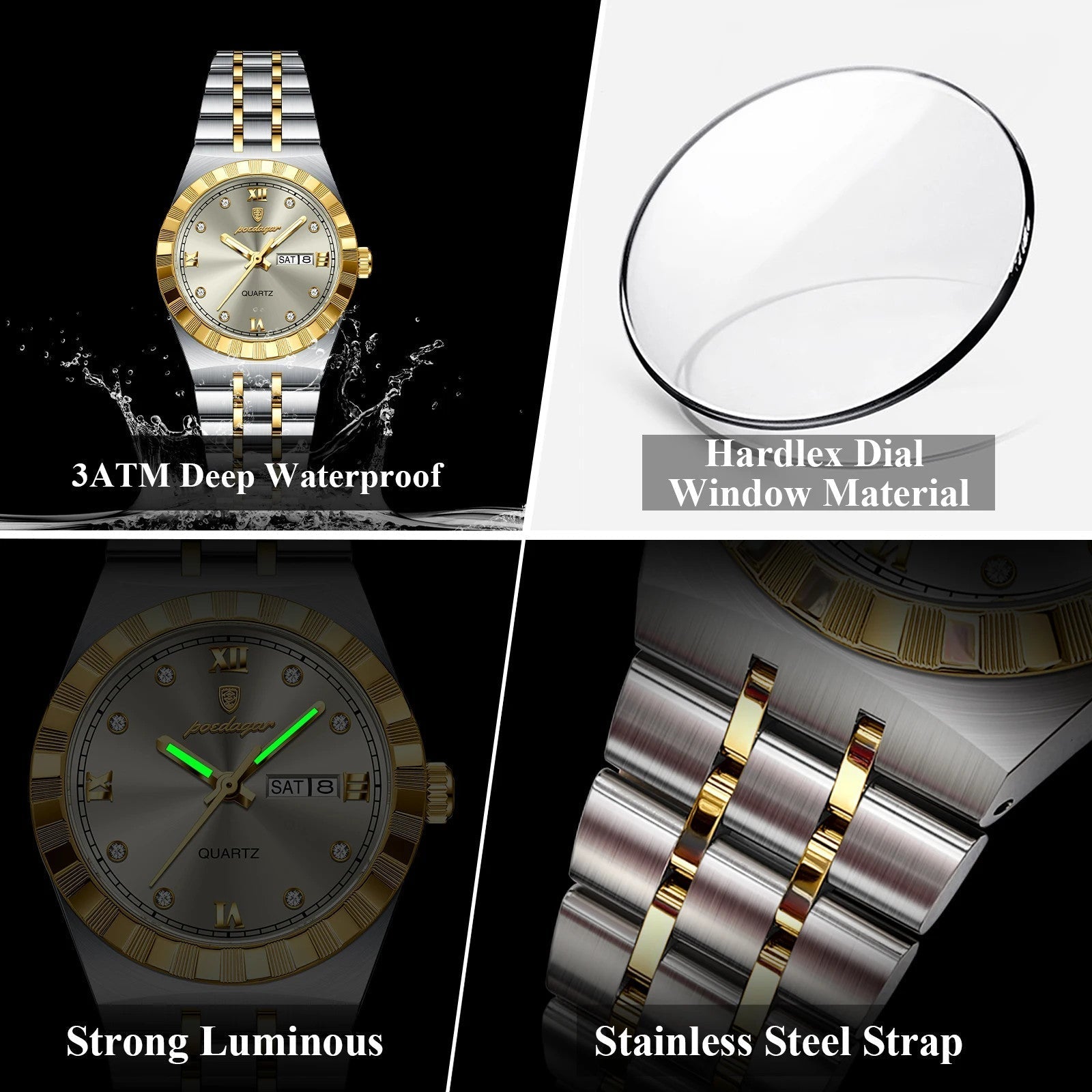 POEDAGAR 794 women's watch features graphic showing waterproof, hardlex, luminous, steel strap