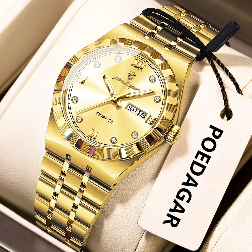 POEDAGAR 794 31MM women's quartz watch with gold dial and gold bracelet, front view