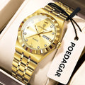 POEDAGAR 794 31MM women's quartz watch with gold dial and gold bracelet, front view