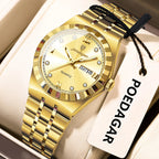 POEDAGAR 794 31MM women's quartz watch with gold dial and gold bracelet, front view