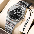 POEDAGAR 794 31MM women's quartz watch with black dial and silver bracelet, front view