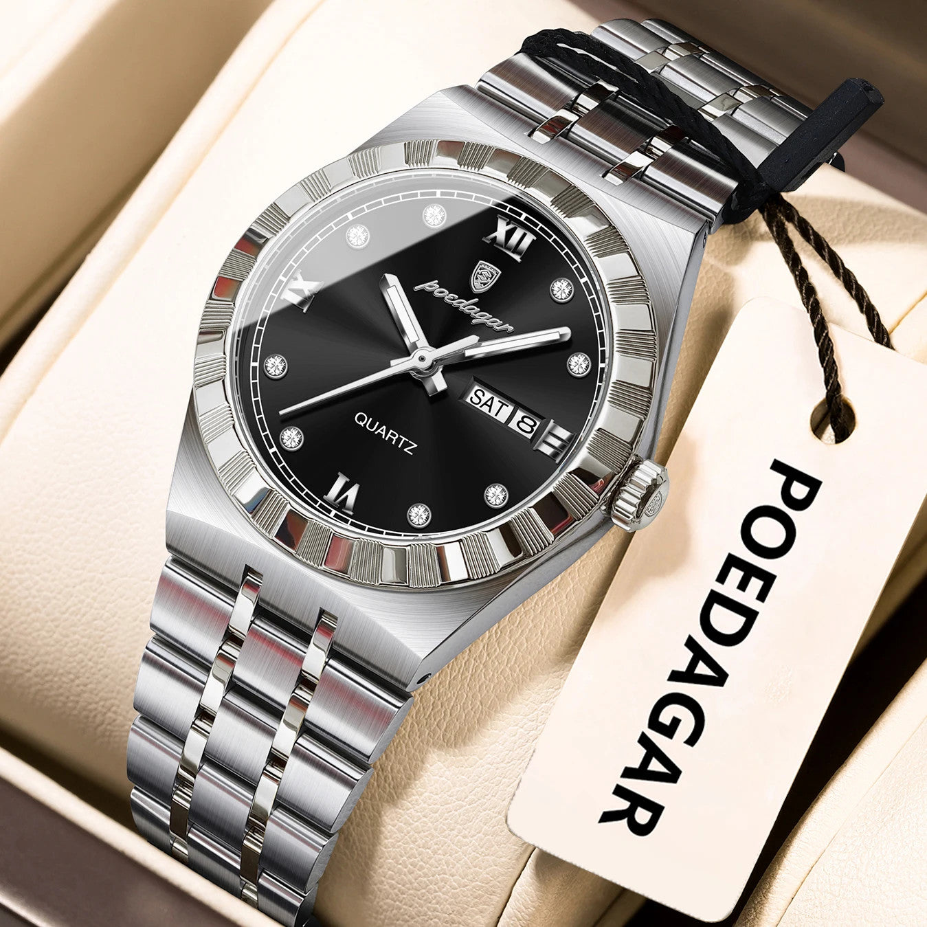 POEDAGAR 794 31MM women's quartz watch with black dial and silver bracelet, front view