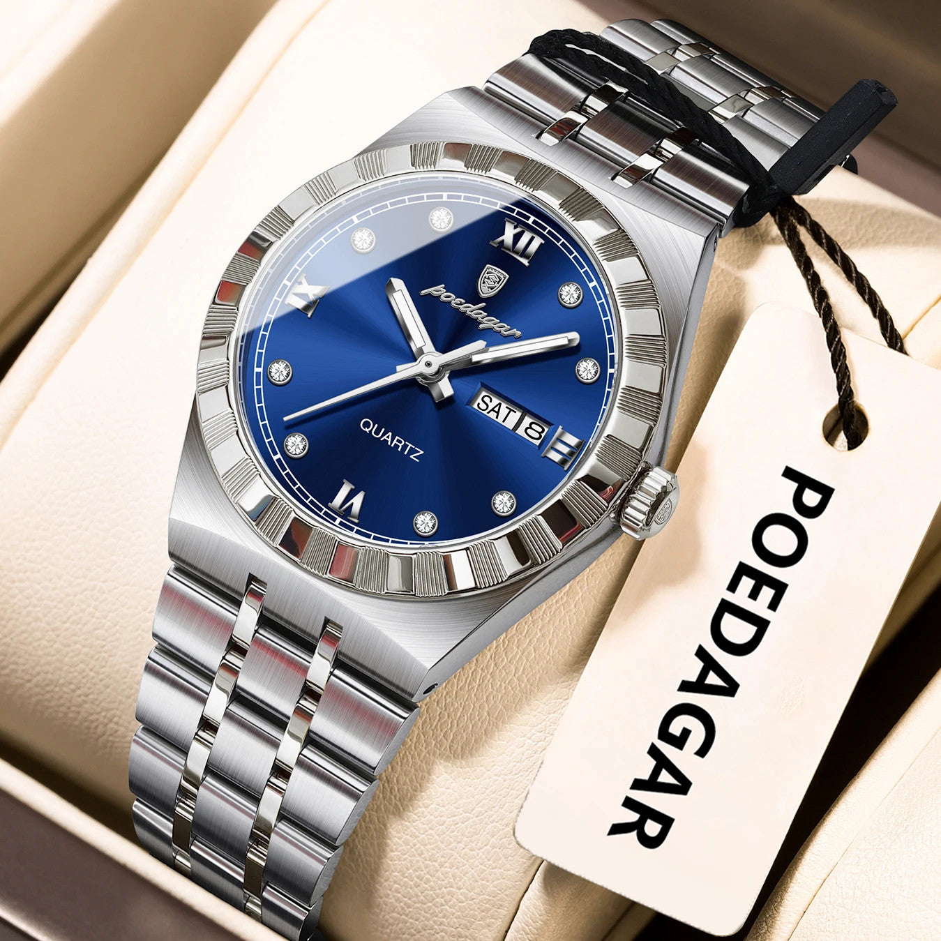 POEDAGAR 794 31MM women's quartz watch with blue dial and silver bracelet, front view