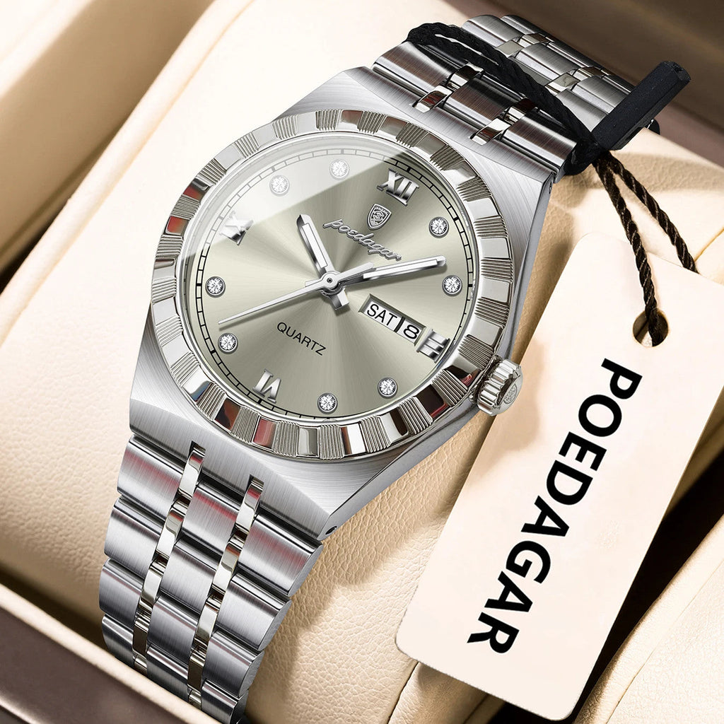 POEDAGAR 794 31MM women's quartz watch with silver dial and silver bracelet, front view