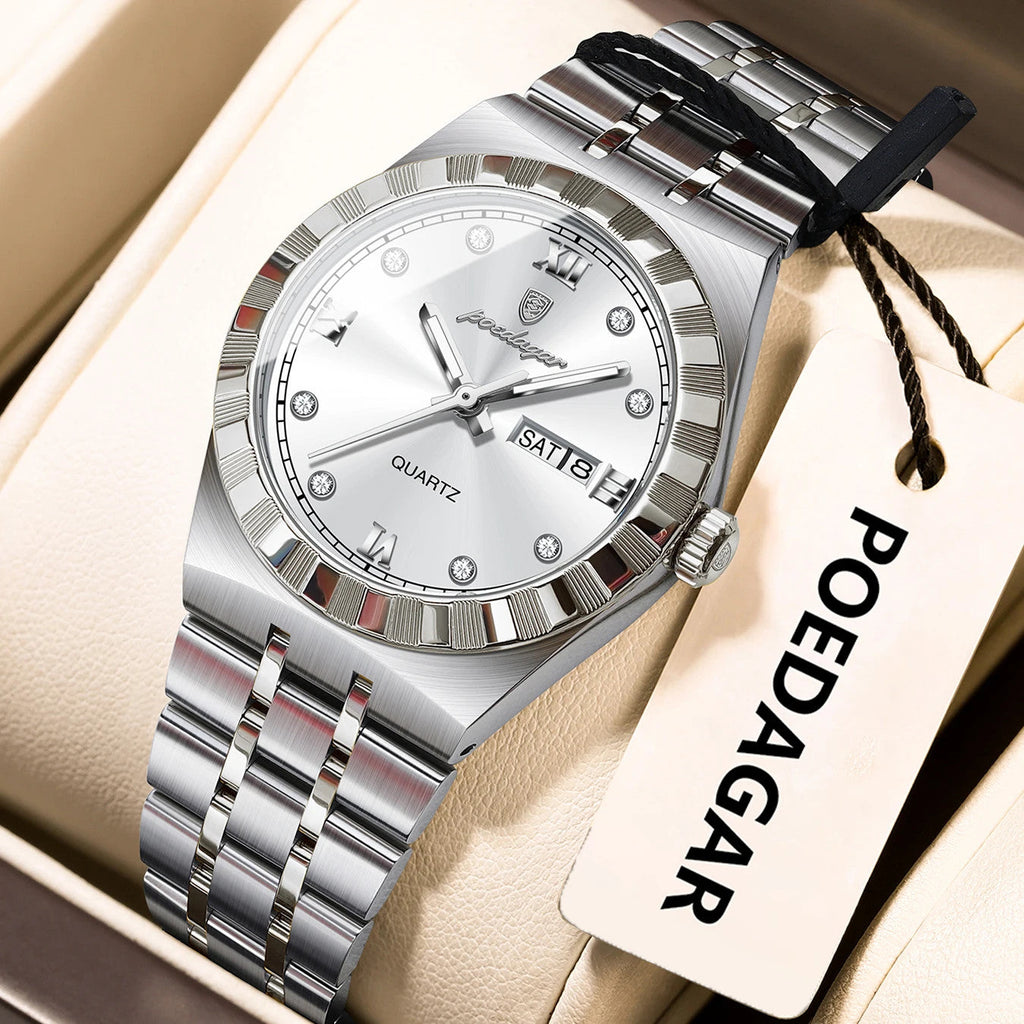 POEDAGAR 794 31MM women's quartz watch with white dial and silver bracelet, front view