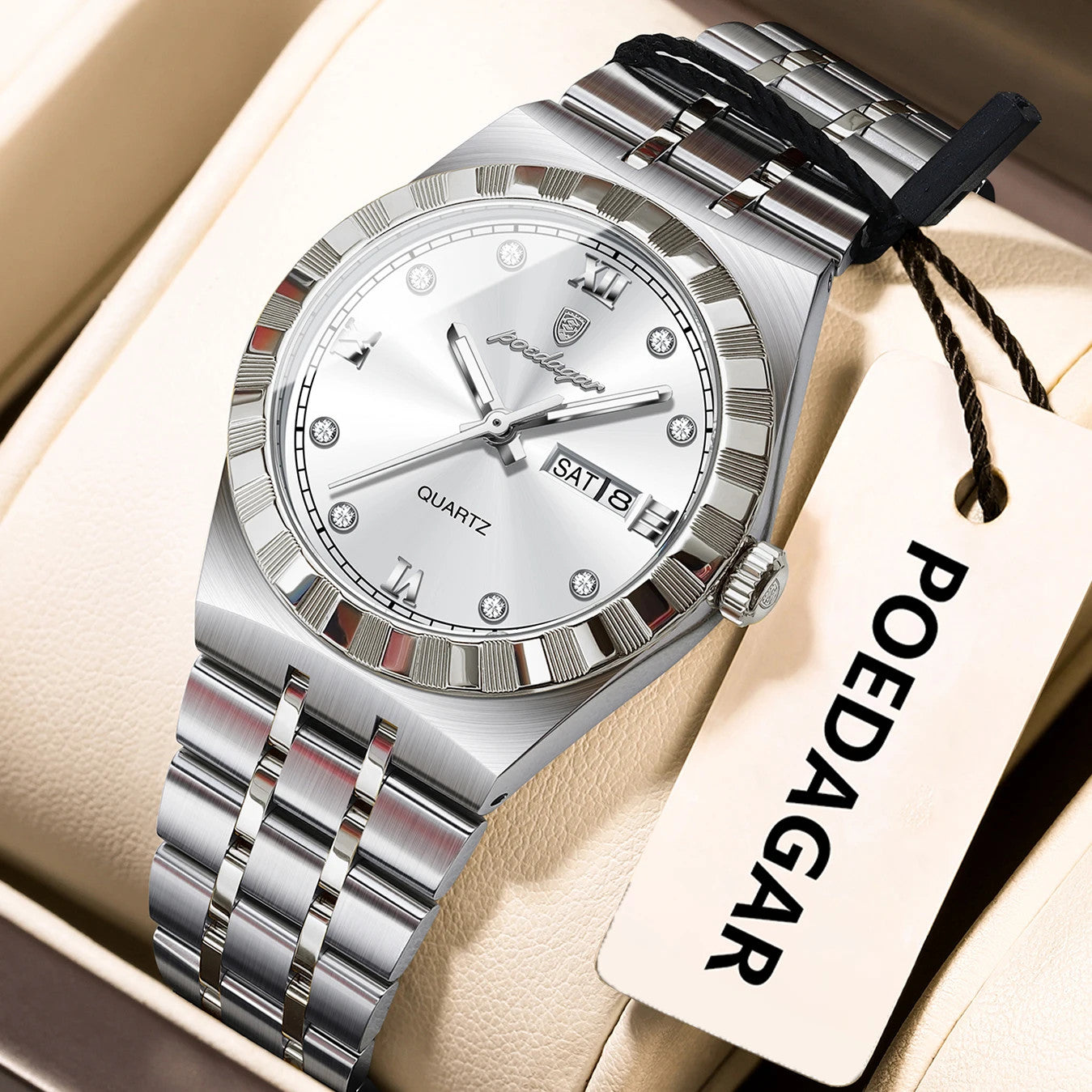 POEDAGAR 794 31MM women's quartz watch with white dial and silver bracelet, front view