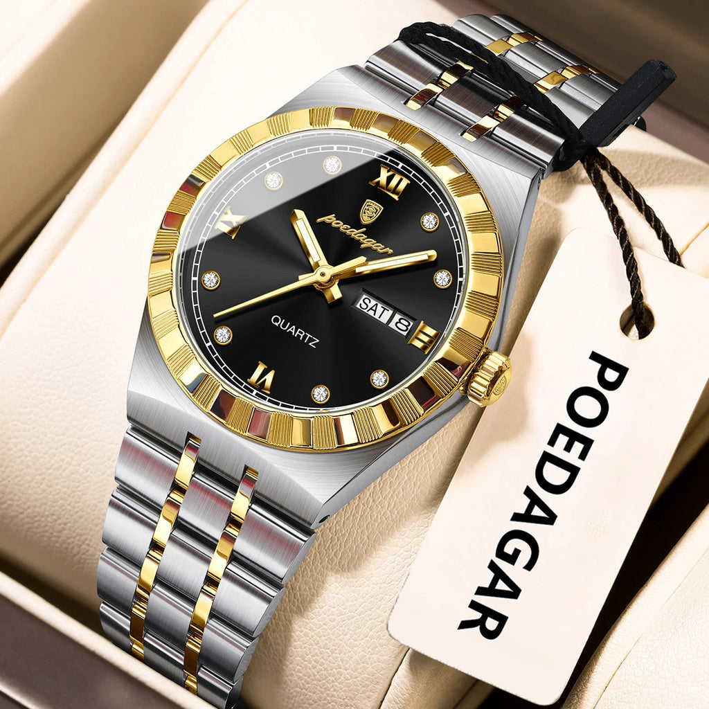 POEDAGAR 794 31MM women's quartz watch with black dial and two-tone gold bracelet, front view