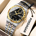 POEDAGAR 794 31MM women's quartz watch with black dial and two-tone gold bracelet, front view