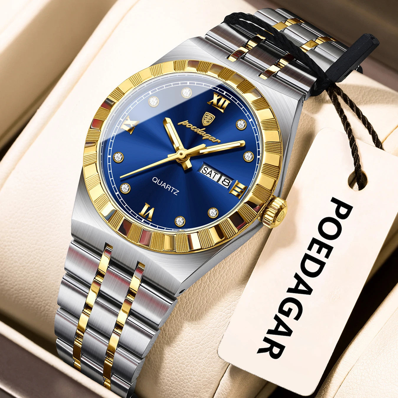 POEDAGAR 794 31MM women's quartz watch with blue dial and two-tone gold bracelet, front view