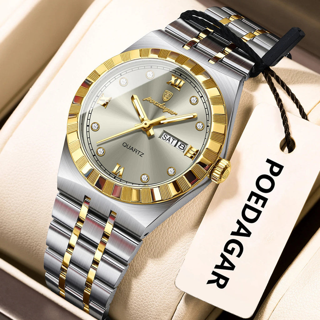 POEDAGAR 794 31MM women's quartz watch with champagne dial and two-tone gold bracelet, front view