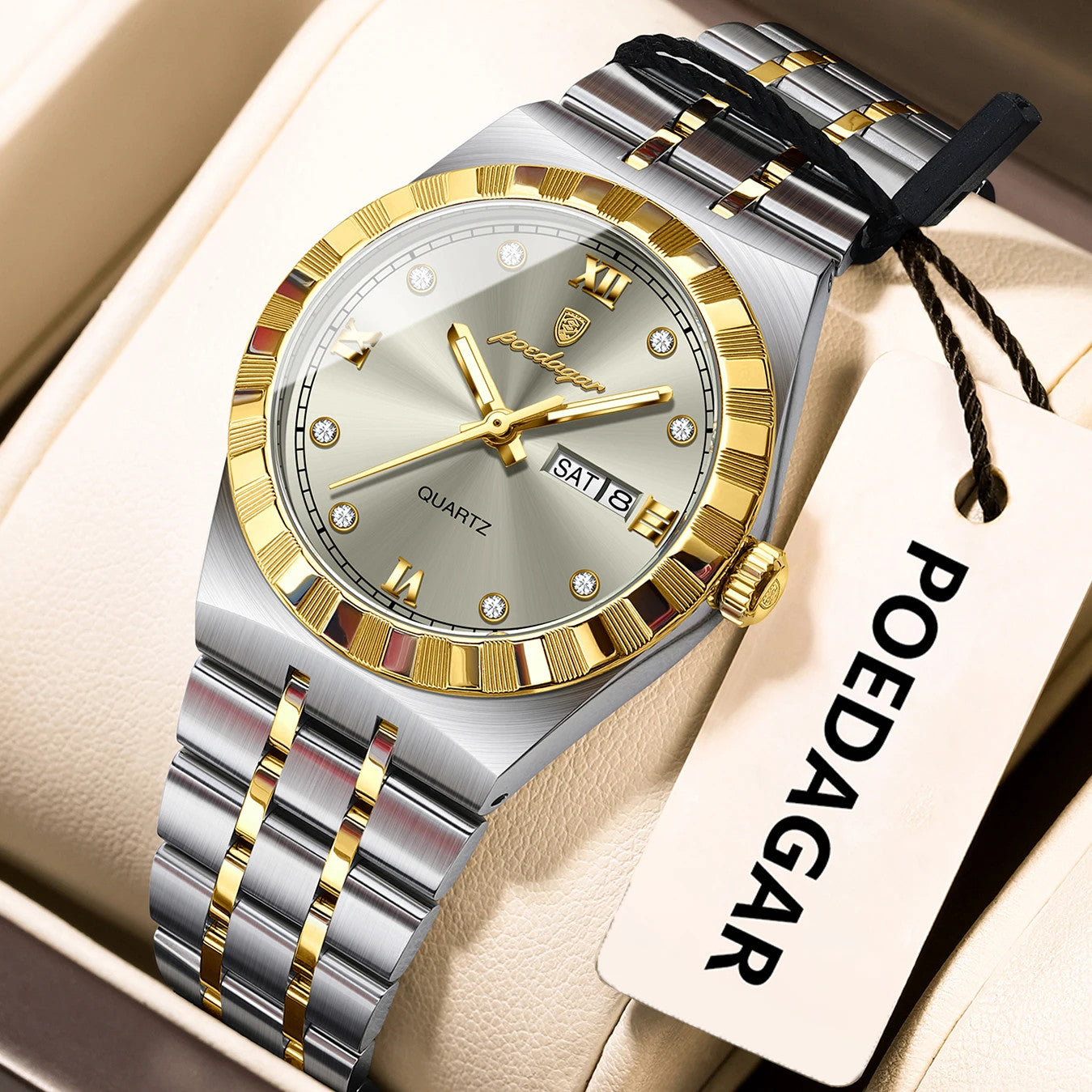 POEDAGAR 794 31MM women's quartz watch with champagne dial and two-tone gold bracelet, front view