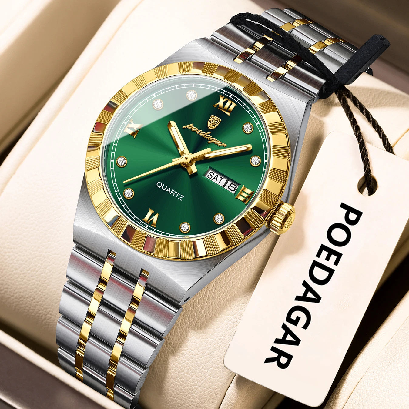 POEDAGAR 794 31MM women's quartz watch with green dial and two-tone gold bracelet, front view