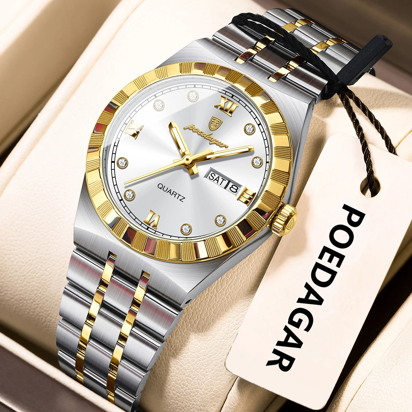 POEDAGAR 794 31MM women's quartz watch with white dial and two-tone gold bracelet, front view