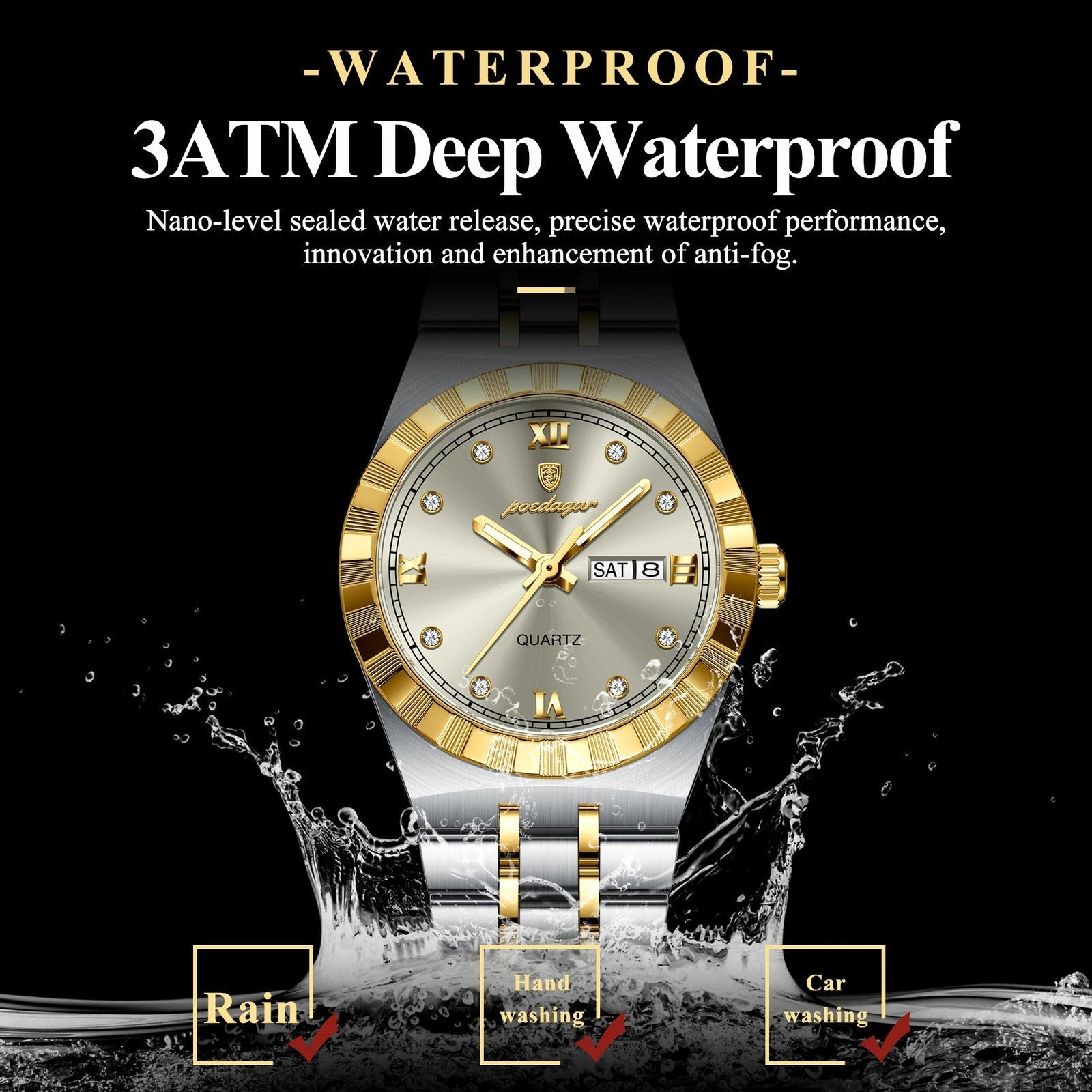 POEDAGAR 794 women's watch 3ATM deep waterproof feature graphic with champagne dial