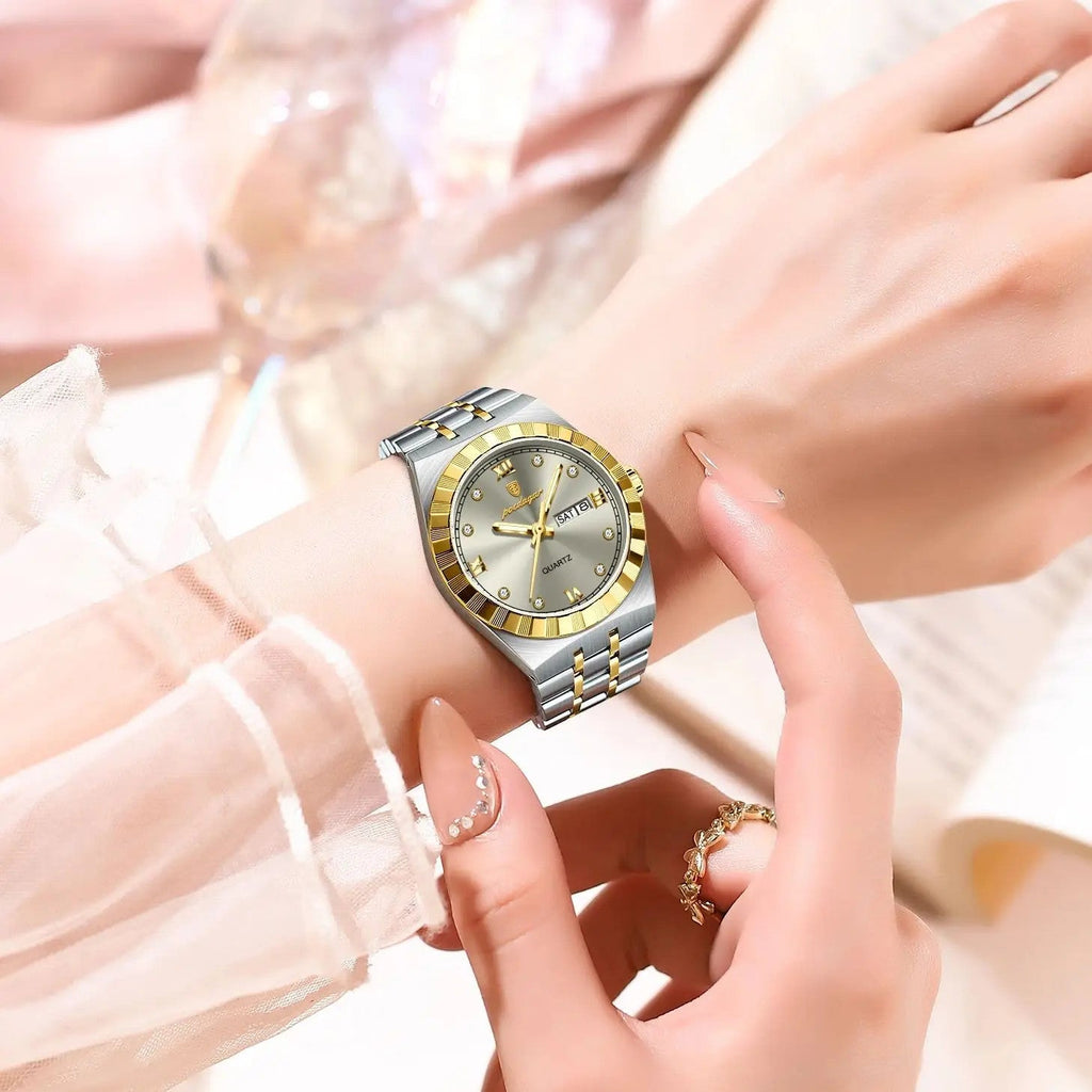 POEDAGAR 794 womens quartz watch with silver dial and two-tone steel bracelet worn on wrist with champagne