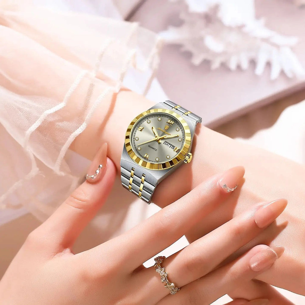 POEDAGAR 794 womens 31mm quartz watch with silver dial and two-tone steel bracelet on wrist