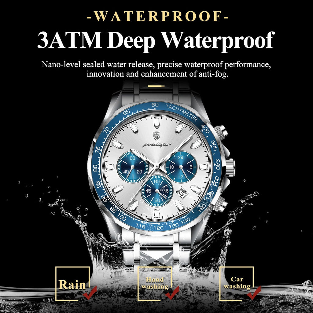 POEDAGAR 815 chronograph 3ATM waterproof specification graphic with water splash