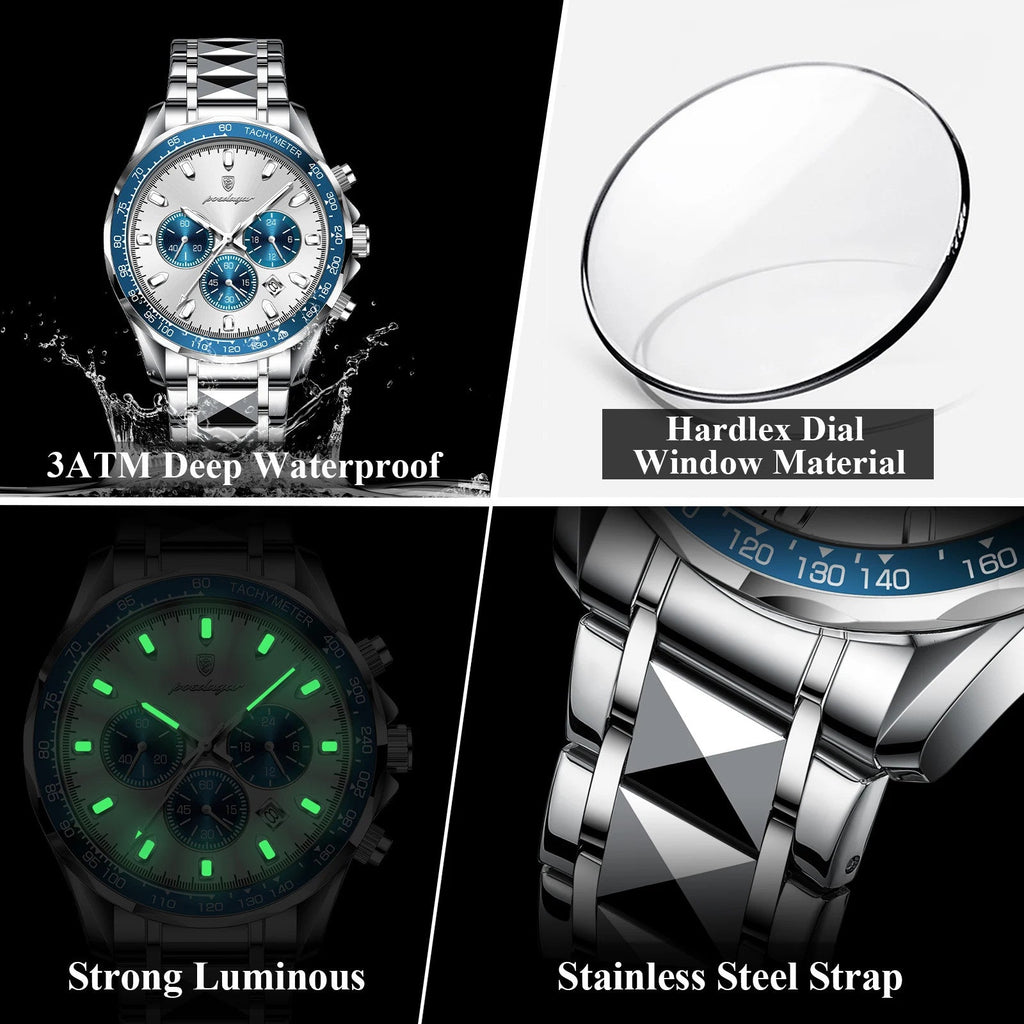POEDAGAR 815 chronograph feature graphic showing waterproof, hardlex, luminous and steel strap