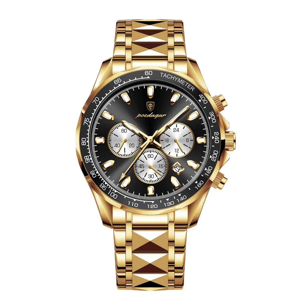 POEDAGAR 815 chronograph watch with gold case and black dial, front view