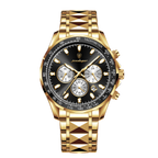 POEDAGAR 815 chronograph watch with gold case and black dial, front view