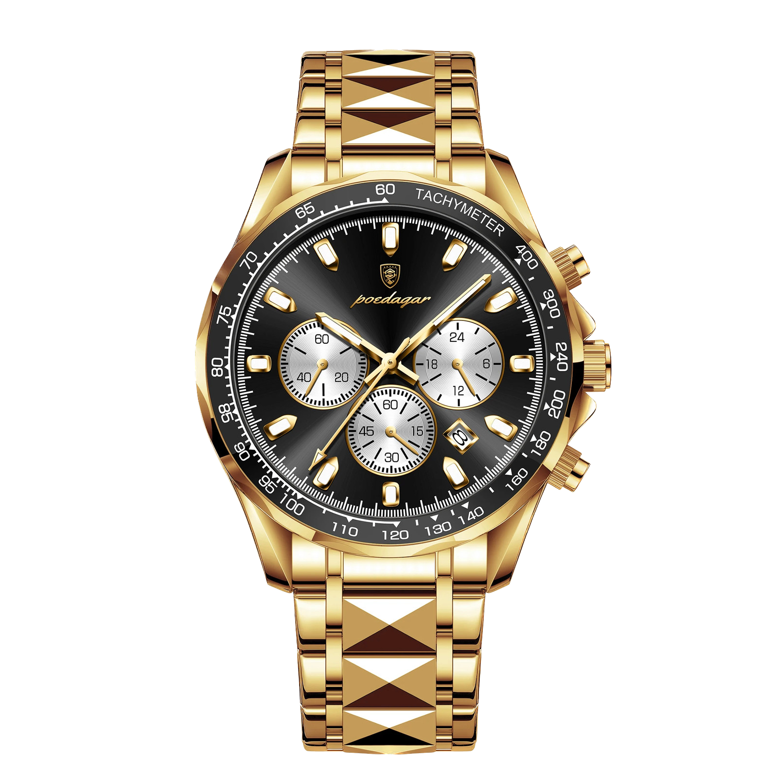 POEDAGAR 815 chronograph watch with gold case and black dial, front view