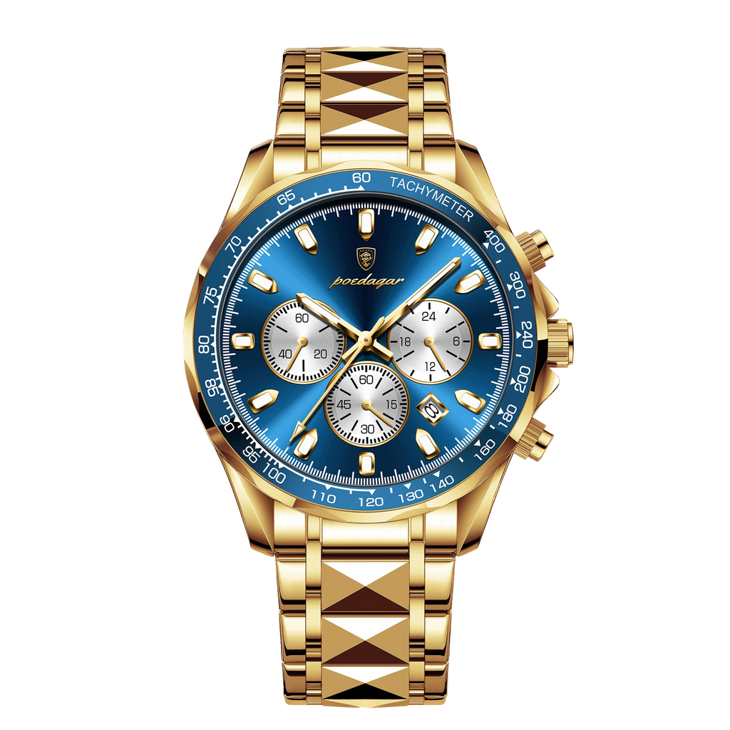 POEDAGAR 815 chronograph watch with gold case and blue dial, front view