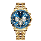 POEDAGAR 815 chronograph watch with gold case and blue dial, front view