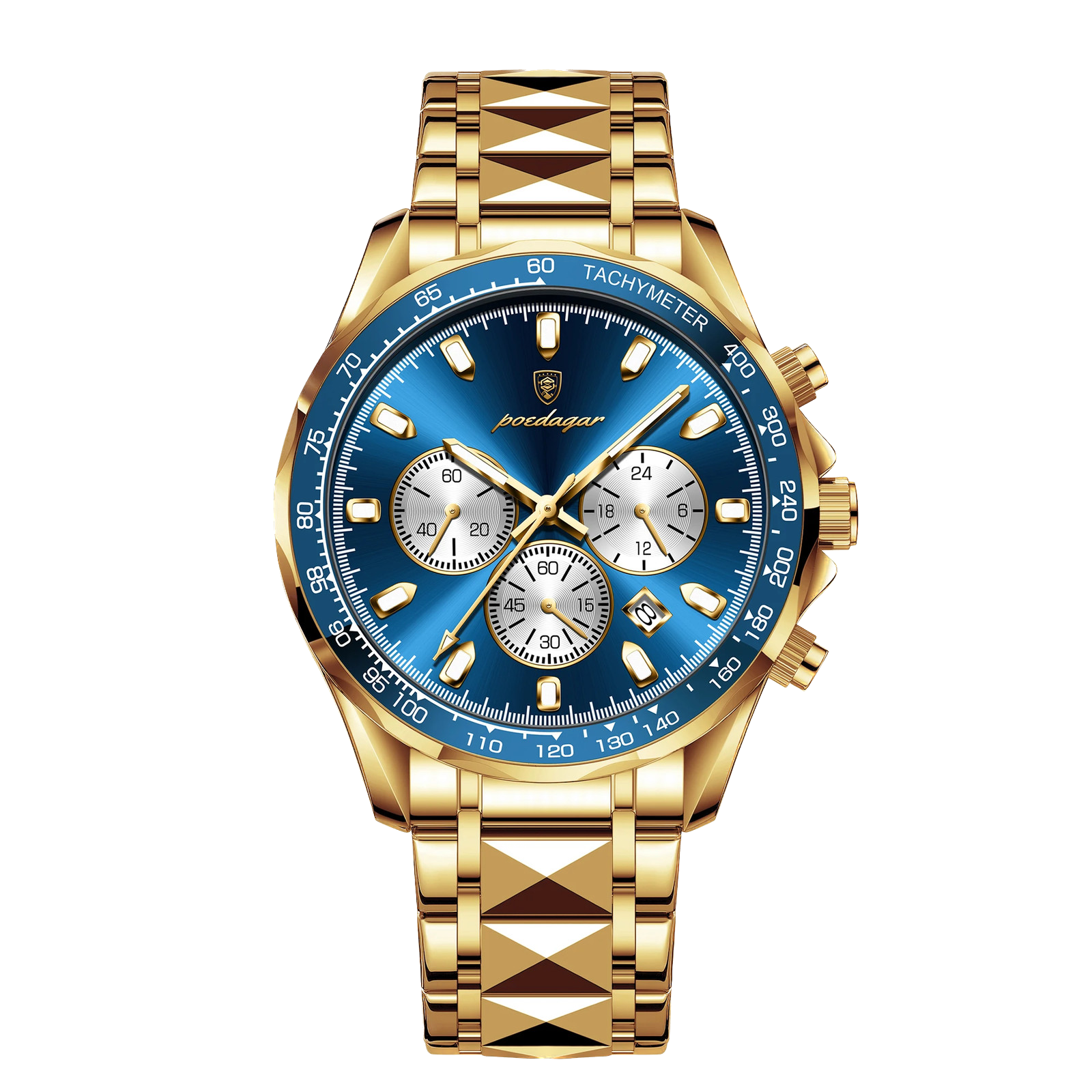 POEDAGAR 815 chronograph watch with gold case and blue dial, front view