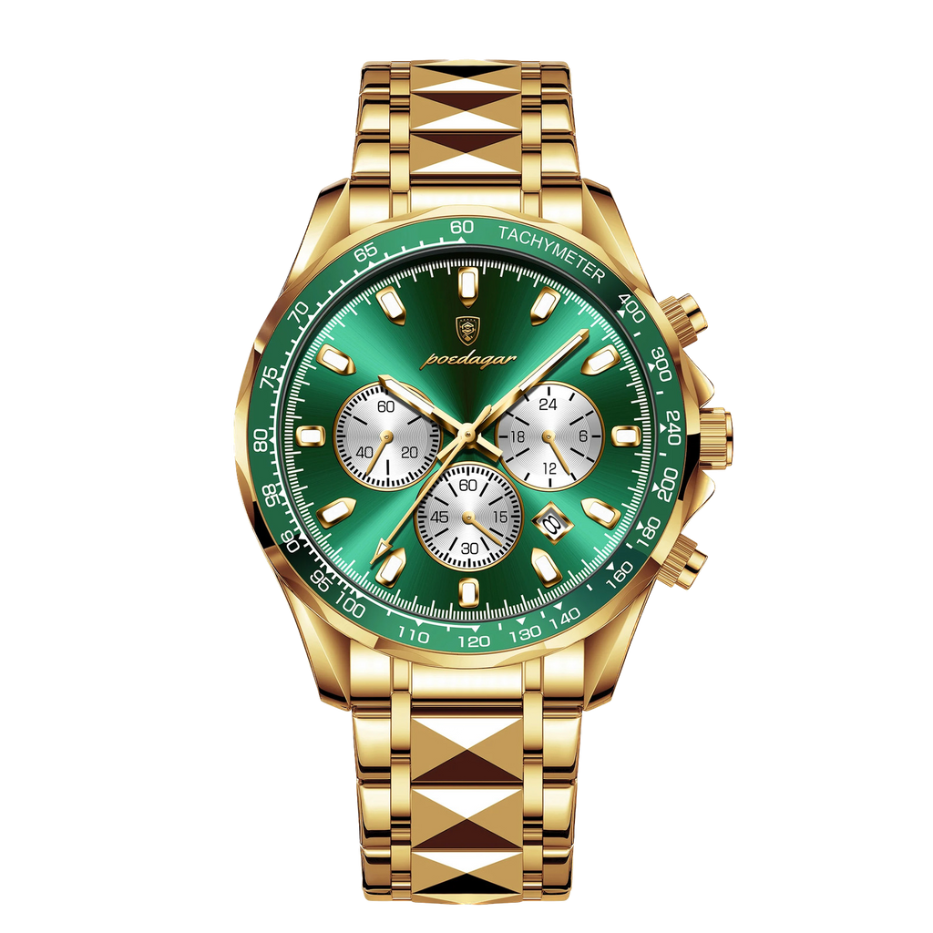 POEDAGAR 815 chronograph watch with gold case and green dial, front view