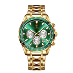 POEDAGAR 815 chronograph watch with gold case and green dial, front view