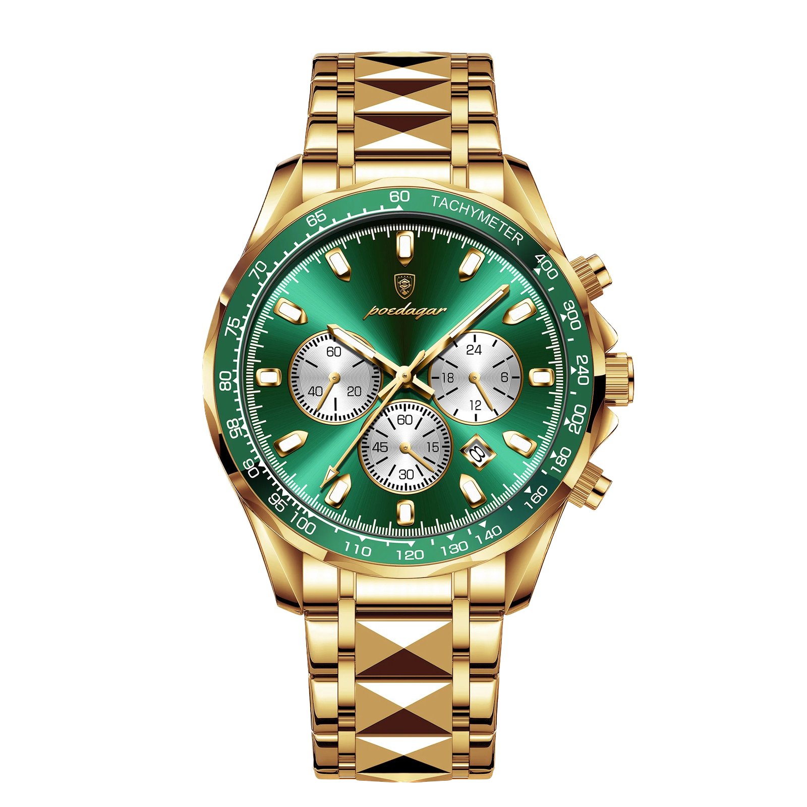 POEDAGAR 815 chronograph watch with gold case and green dial, front view