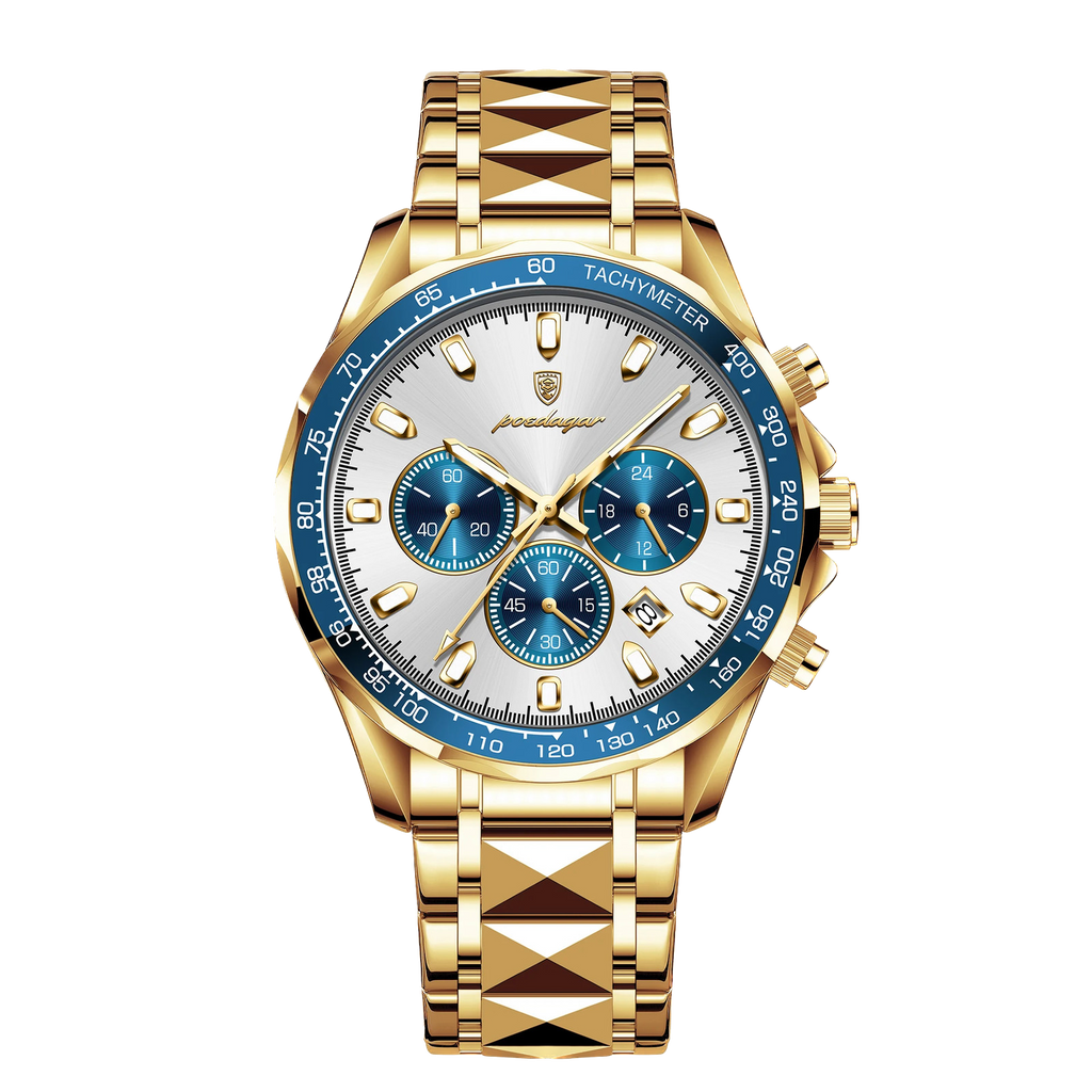 POEDAGAR 815 chronograph watch with gold case, white dial and blue subdials, front view