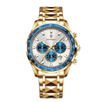 POEDAGAR 815 chronograph watch with gold case, white dial and blue subdials, front view