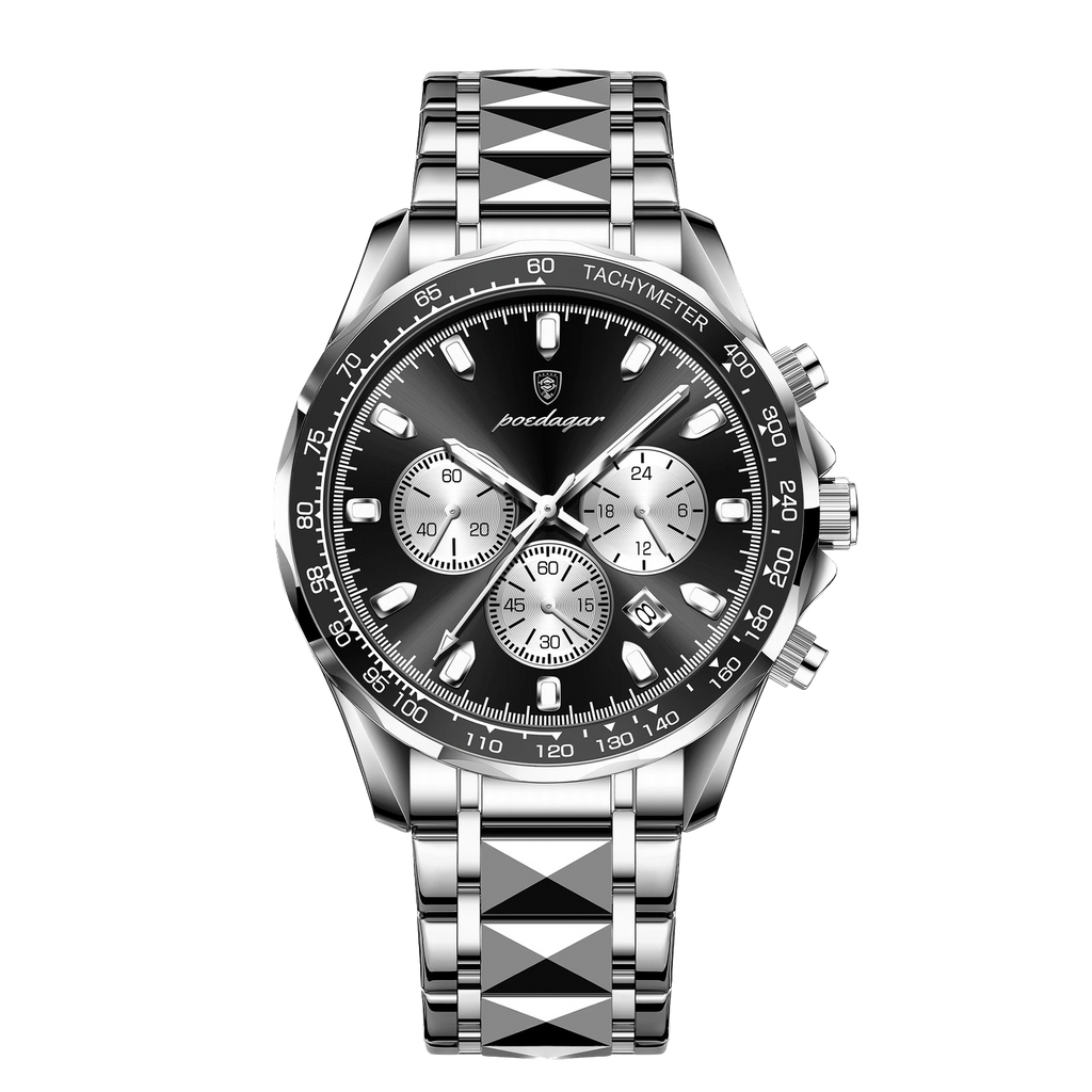 POEDAGAR 815 chronograph watch with silver case and black dial, front view
