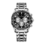 POEDAGAR 815 chronograph watch with silver case and black dial, front view