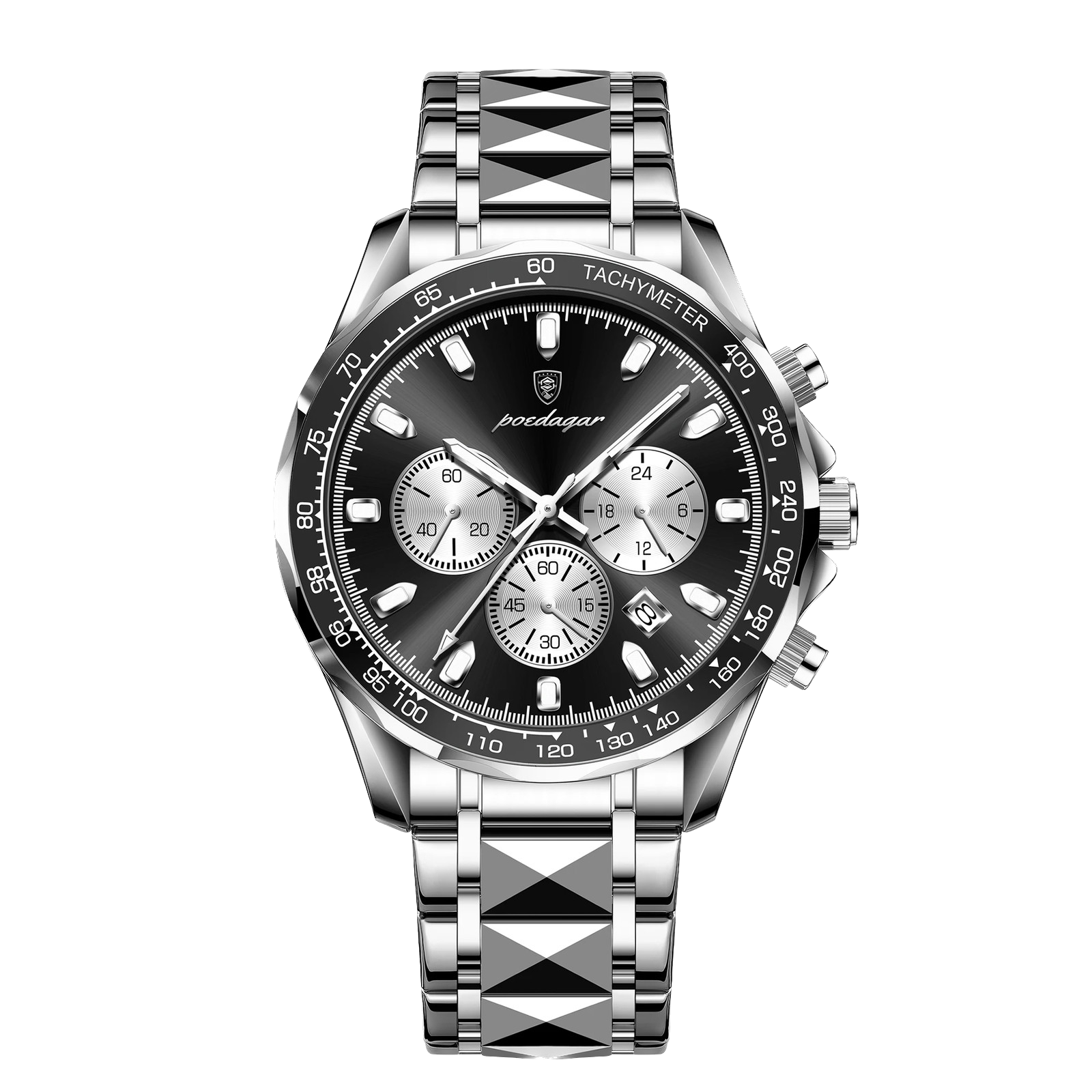 POEDAGAR 815 chronograph watch with silver case and black dial, front view
