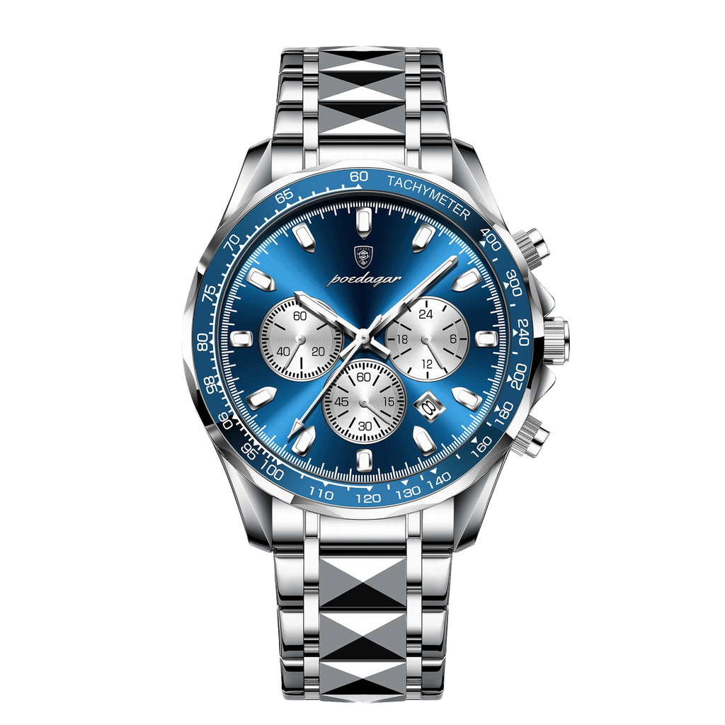 POEDAGAR 815 chronograph watch with silver case and blue dial, front view