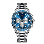 POEDAGAR 815 chronograph watch with silver case and blue dial, front view
