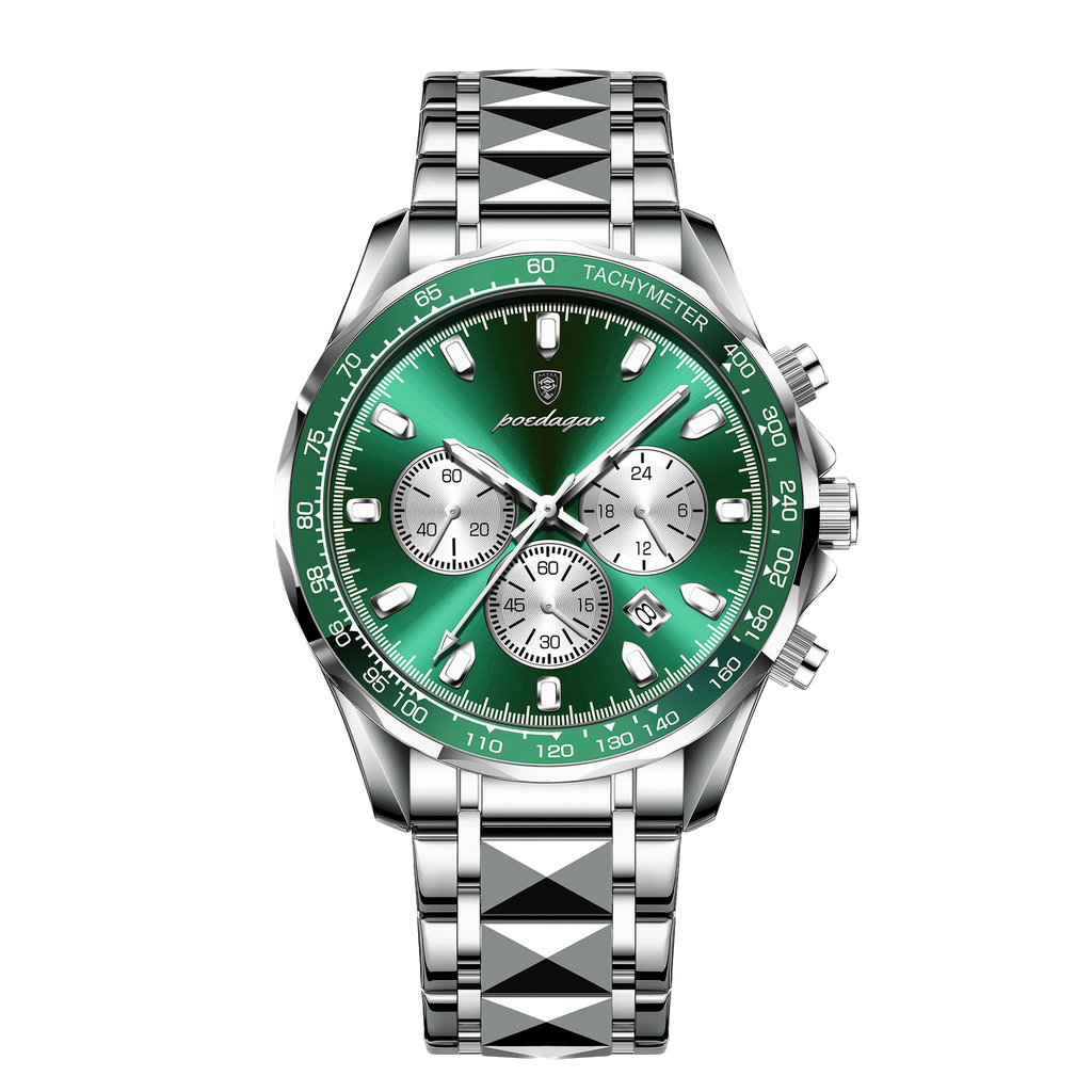 POEDAGAR 815 chronograph watch with silver case and green dial, front view